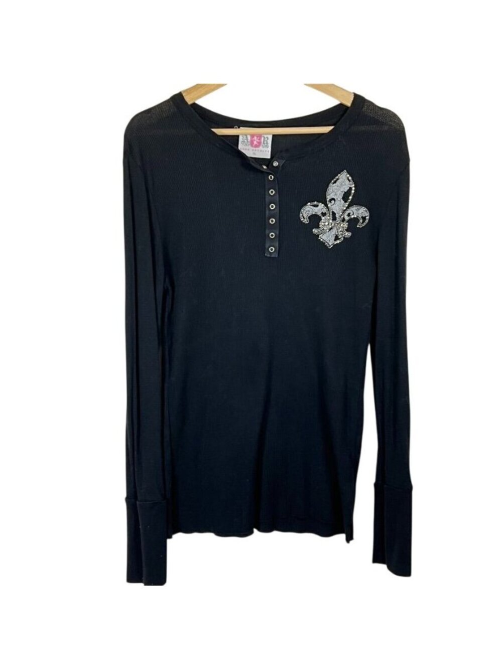 Vintage Y2K Womens Sz XL To Black Thermal Henley Fleur de Lis Rhinestone Waffle